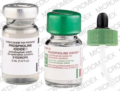 Nombre: Solución oftálmica de yoduro de ecotiofato (yoduro de fosfolina). Categoría terapéutica: Oftalmología. Vía de administración: gotas para los ojos. Primera escasez reportada: 24 de septiembre de 2019. El yoduro de ecotiofato se usa para tratar el glaucoma crónico y otros tipos de glaucoma, particularmente después de una cirugía de cataratas.