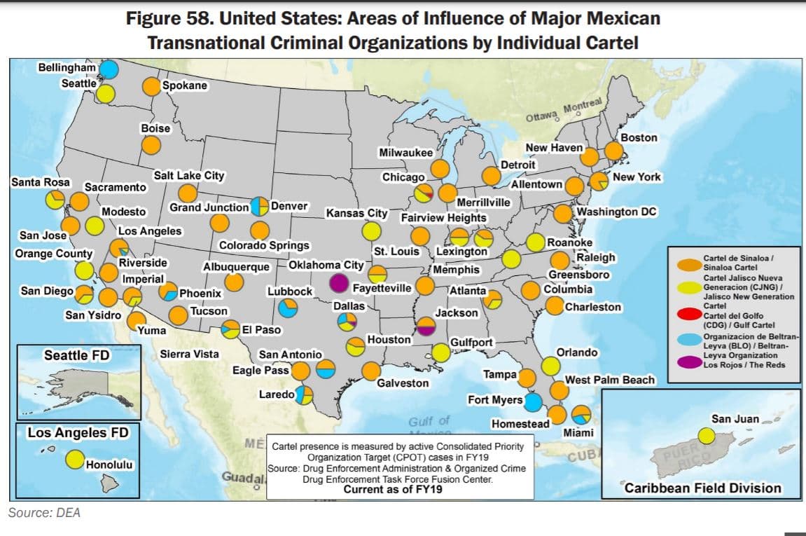 Mapa de la DEA sobre las presencia de carteles en EEUU. En amarillo se indica dónde opera el Cartel de Jalisco.