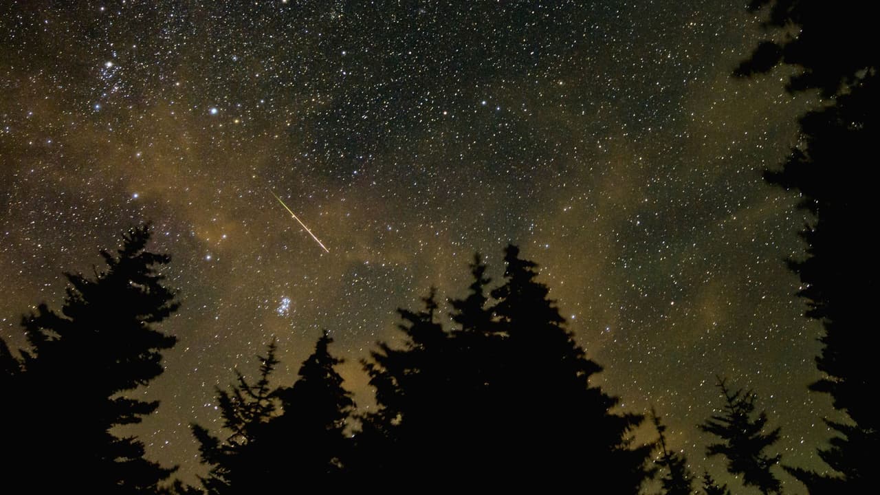 Un meteoro atraviesa el cielo durante la lluvia de las Perseidas, el miércoles 11 de agosto de 2021, en Spruce Knob, Virginia Occidental.
