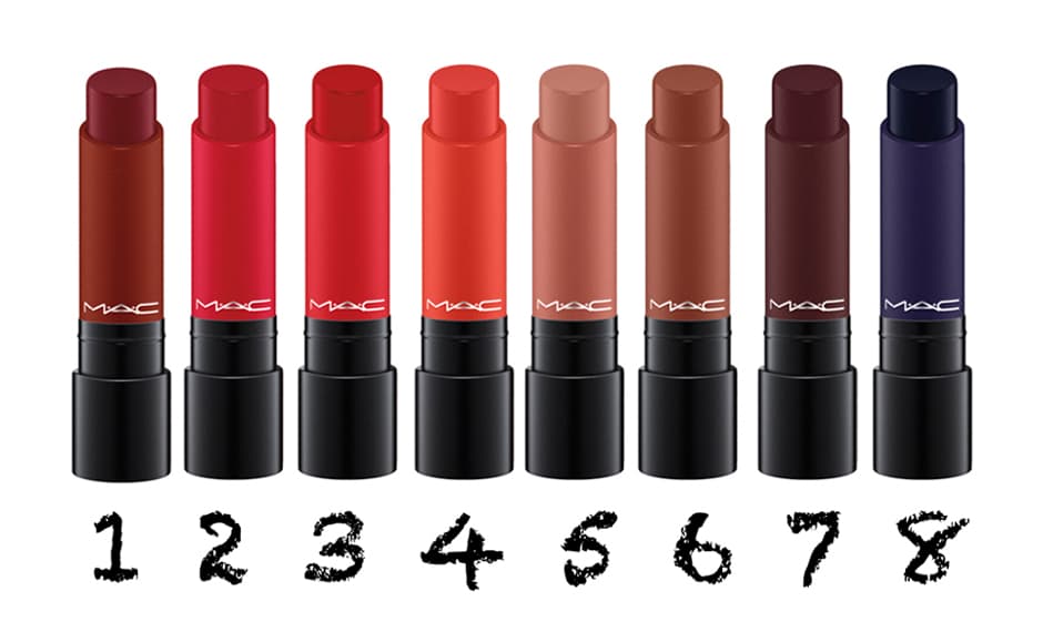 Tonos para pieles obscuras: 1. Marsala 2. Life's Blood 3. Mulling Spices 4.Lobster 5. Doe 6. Toast and Butter, 7. Burnt Violet 8. Blue Beat.