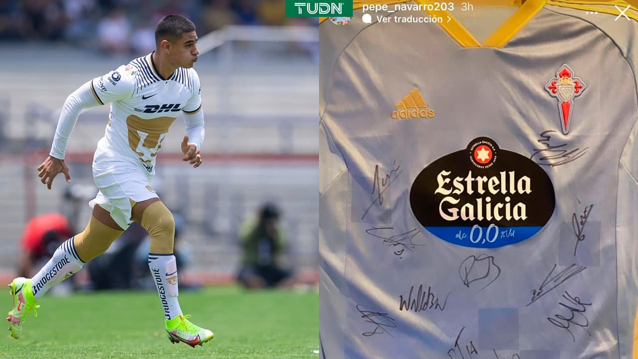 José Navarro, jugador de Pumas recibe al fin playera de Iago Aspas, del Celta de Vigo