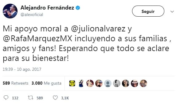 Tras la difusión de la investigación del Departamento del Tesoro de Estados Unidos, donde Julión Álvarez y Rafa Márquez fueron puestos en una lista de 22 personajes ligados al presunto narcotraficante Raúl Flores, el cantante no dudó en respaldar a su amigo futbolista y al artista chiapaneco.
<br>