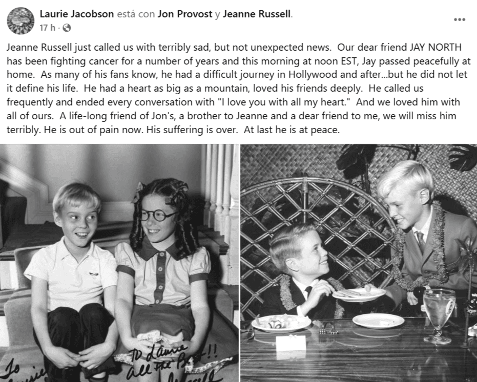 La escritora Laurie Jacobson dio a conocer el fallecimiento del actor Jay North.