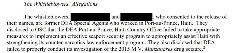In a letter to the White House, the Office of Special Counsel said that "the DEA did not properly conduct its investigation of the 2015 MV Manzanares drug seizure."