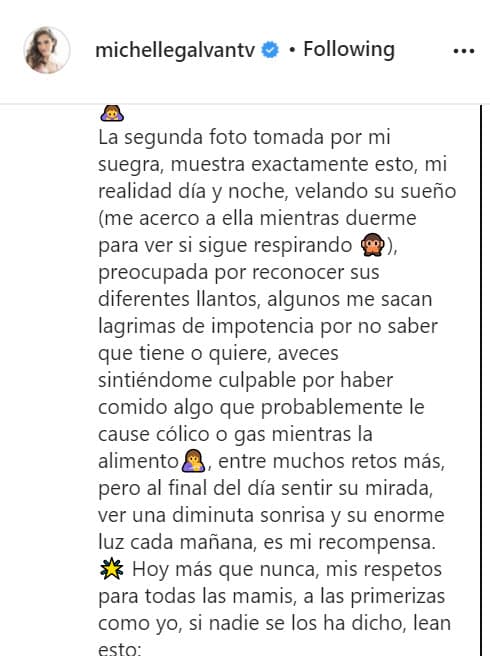 También compartió la "realidad" que vive "día y noche" con Megan: "Velando su sueño (me acerco a ella mientras duerme para ver si sigue respirando), preocupada por reconocer sus diferentes llantos". 
<br>