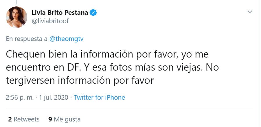 Tras los señalamientos hechos por Zepeda, Brito tomó su cuenta de Twitter para desmarcarse de las acusaciones. Aseguró que las "fotos eran viejas" y que no estaba en Cancún: "No tergiversen información, por favor", pidió.