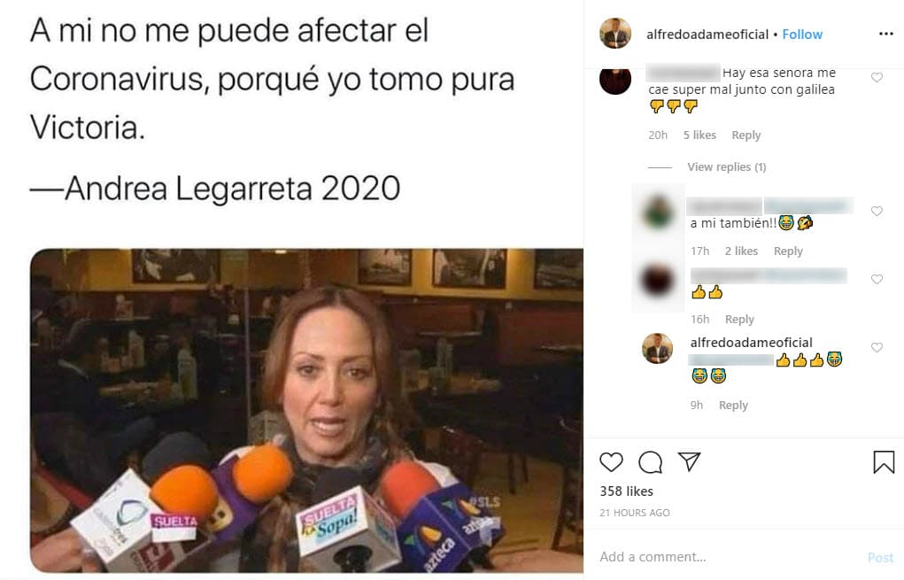 La cuenta 
<b>@alfredoadameoficial de Instagram,</b> que no está verificada, 
<b>se burló de la situación</b> compartiendo algunos de los gráficos que circulan en redes sociales, que hacen referencia a la conductora del matutino Hoy.
<br>