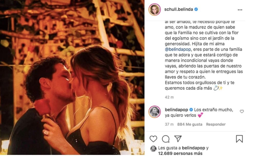 Así celebró la mamá de Belinda el compromiso de su hija y Christian Nodal en mayo de 2021. Esa publicación ya no está disponible en la cuenta de Belinda Schüll.