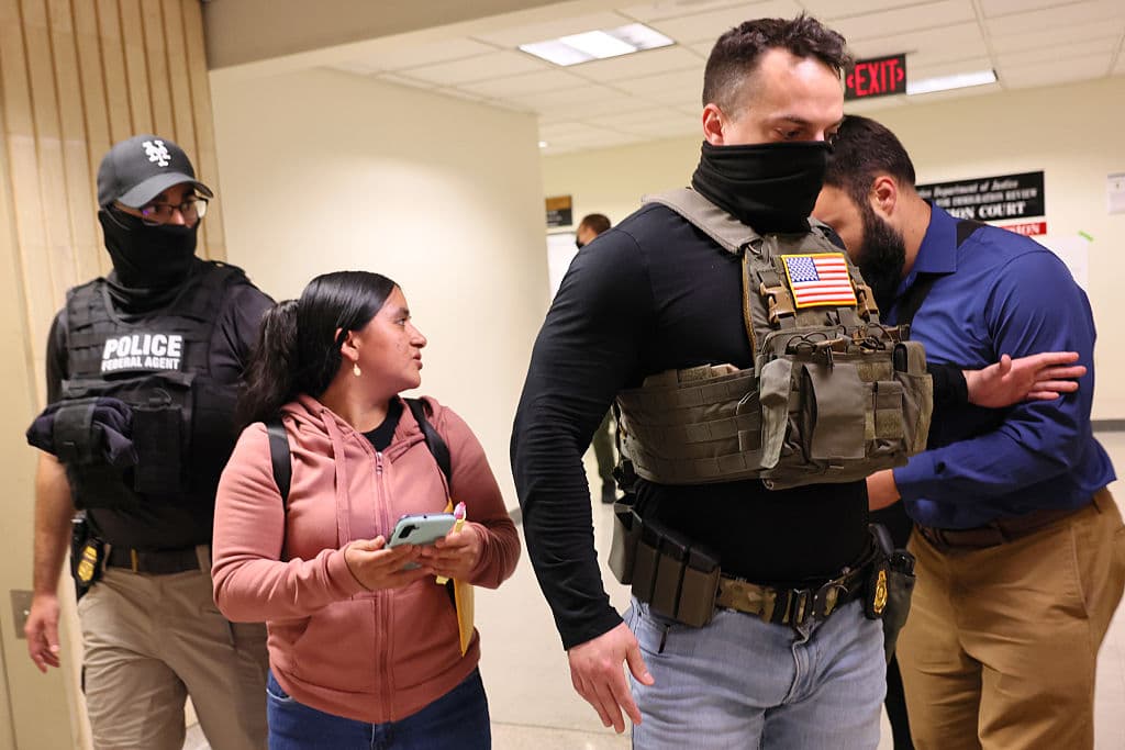 El 30 de junio de 2025, agentes de ICE apartan a un observador judicial mientras detienen a una mujer tras su audiencia en el Jacob K. Javitz Federal Building en Nueva York. Las tácticas de ICE, que han duplicado los arrestos en 38 estados según UC Berkeley, generan controversia. (Foto por Michael M. Santiago/Getty Images)
<br>