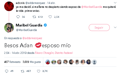 La actriz, cantante y conductora le respondió: "Besos Adán, esposo mío", acompañado de un emoji de unos labios.