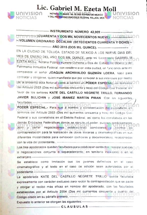 Documento de El Chapo a Kate para recibir pagos por derechos de la película