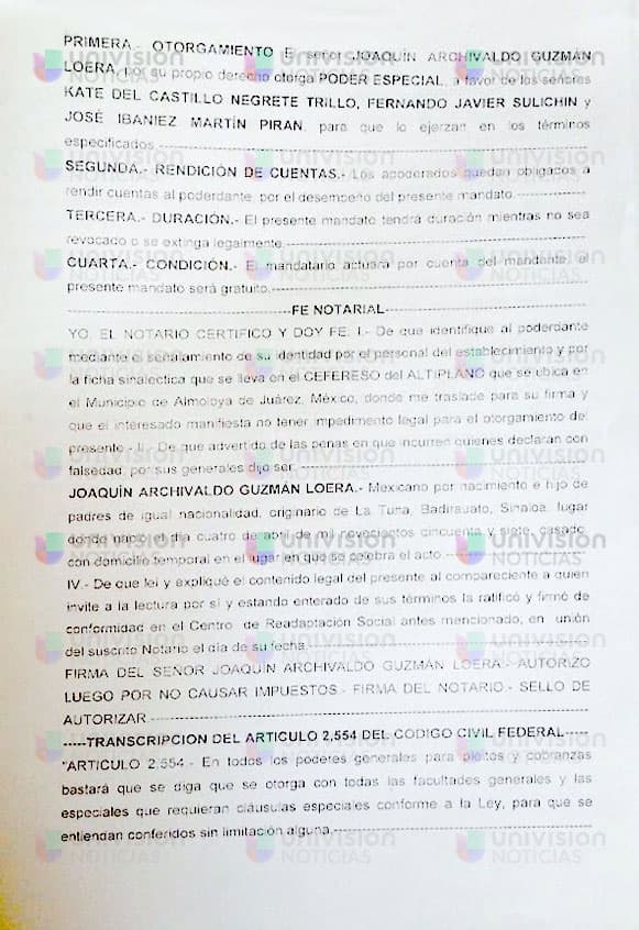 Documento de El Chapo a Kate para recibir pagos por derechos de la película