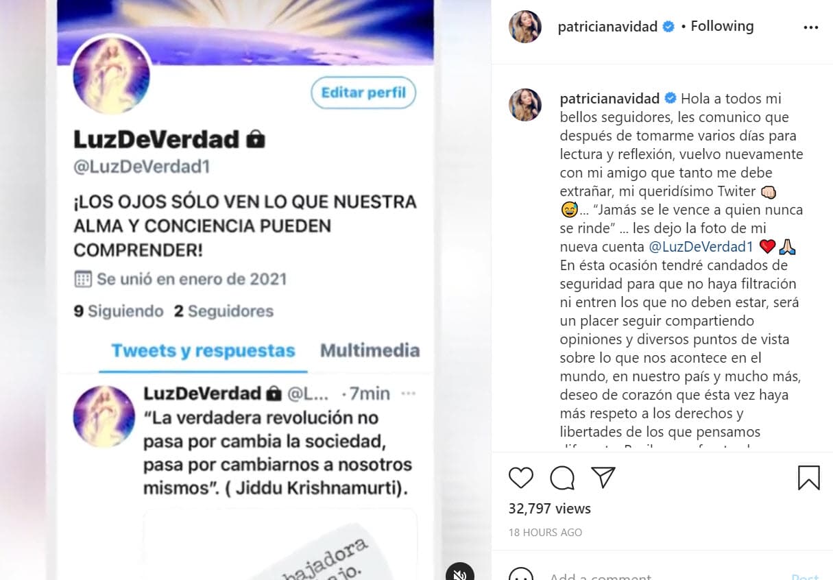 Este sábado 30 de enero, y desde su perfil de Instagram, dio a conocer su nueva cuenta de Twitter:
<b>@LuzDeVerdad1</b>.
<br>