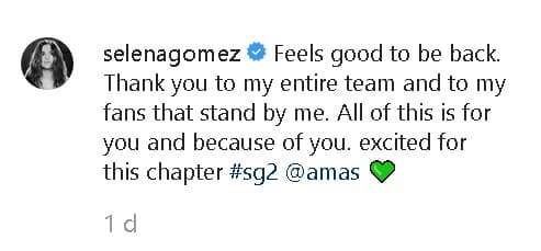 "Se siente 
<b><a href="https://www.univision.com/shows/despierta-america/no-seamos-hipocritas-jomari-defendio-su-punto-de-vista-sobre-el-look-con-que-selena-gomez-reaparecio-video" target="_blank">bien estar de vuelta</a></b>. Gracias a todo mi equipo y a mis fanáticos que me respaldan. Todo esto es para ustedes y por ustedes. Emocionada por este capítulo", escribió.
<br>