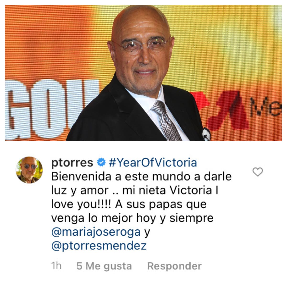 Ahí, el abuelo, el afamado productor Pedro Torres, también mostró su felicidad y auguró que su nieta llegó al mundo "a darle luz y amor". 
<br>