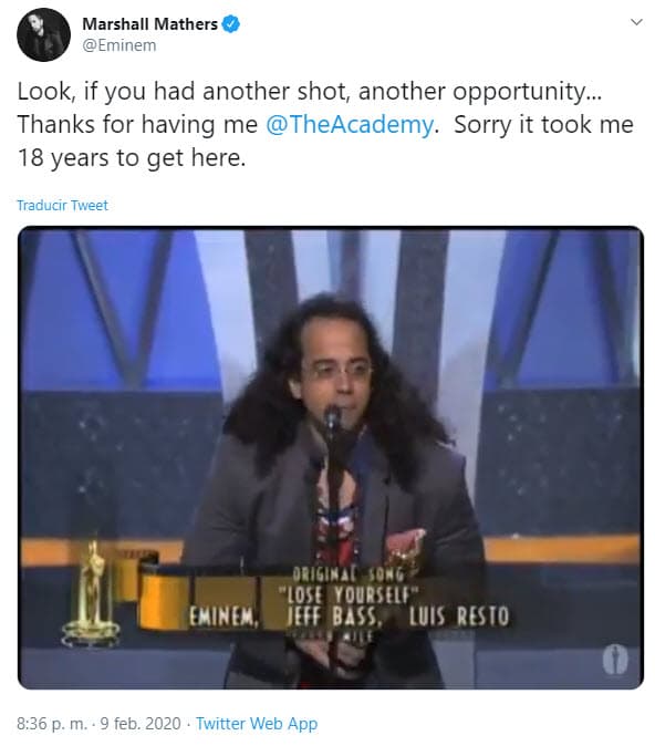En sus redes sociales, Eminem compartió el 
<b><a href="https://twitter.com/Eminem/status/1226696371329171457" target="_blank">video</a> </b>de la entrega del Oscar de 2003, donde resultó ganador con el tema 'Lose yourself'.
<br>