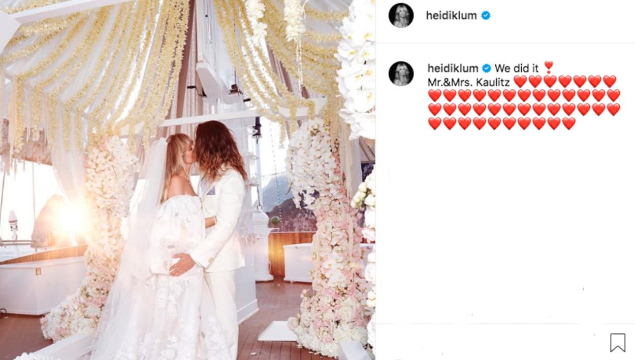 Con esta foto que publicó este lunes, 5 de agosto, 
<b><a href="https://www.instagram.com/heidiklum/" target="_blank">en su perfil de Instagram</a></b>, la modelo y empresaria 
<b>Heidi Klum confirmó que se casó con Tom Kaulitz</b>, guitarrista de la banda 
<b>Tokio Hotel</b> y de quien adoptó el apellido Kaulitz.