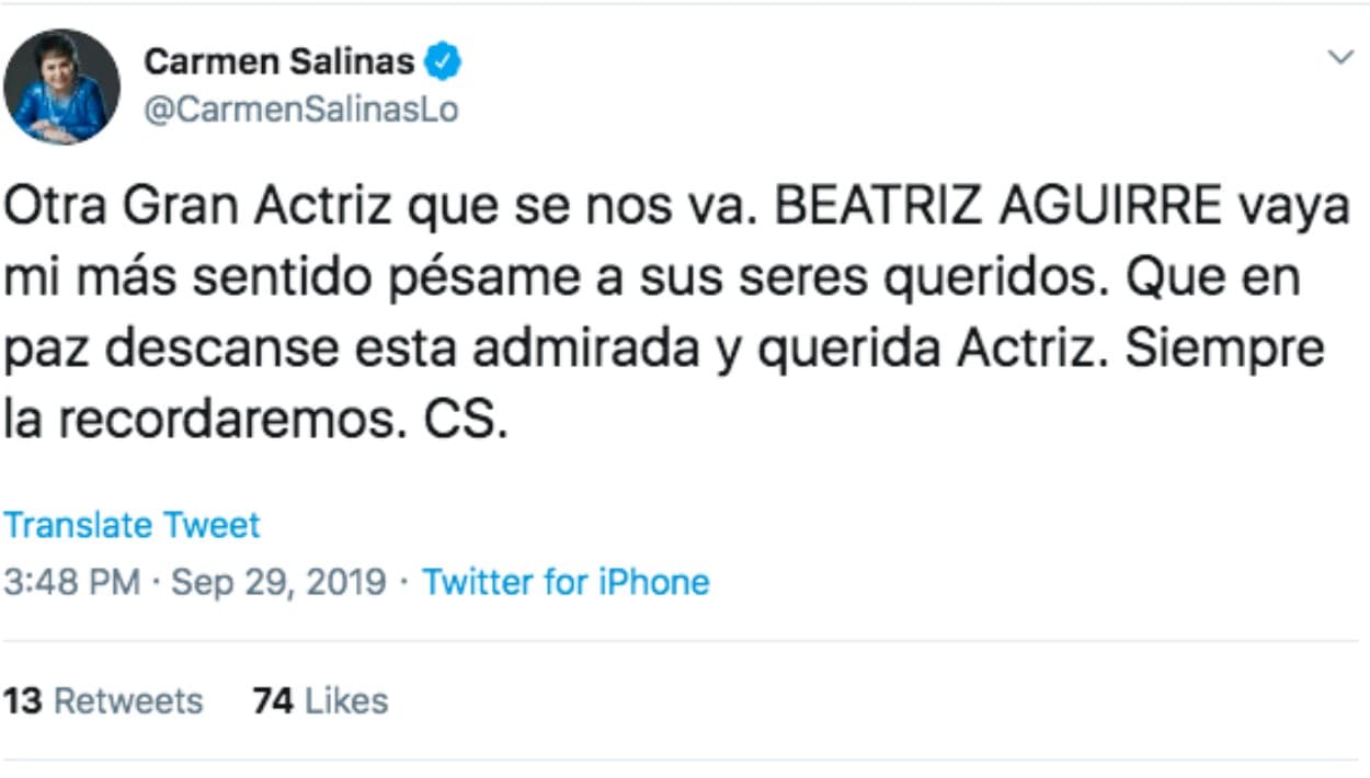 Carmen Salinas también lamentó la partida de Beatriz Aguirre, a quien aseguró, siempre recordará.