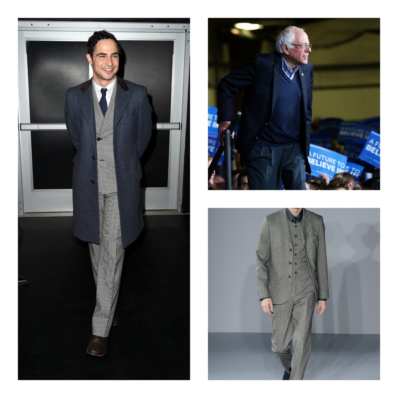 Celebramos cuando Sanders olvida la corbata, le da un aire de hombre sabio que sabe obviar lo que no es esencial y es además un guiño a la elegancia de nuevas generaciones. Pero en cuanto a sus sacos de lana, podría optar por dos prendas que darían el mismo efecto, -el de crear capas y dar abrigo-, de forma más elegante. Es suficiente un buen coat de paño para llevar encima de su traje, o un chaleco de botones.