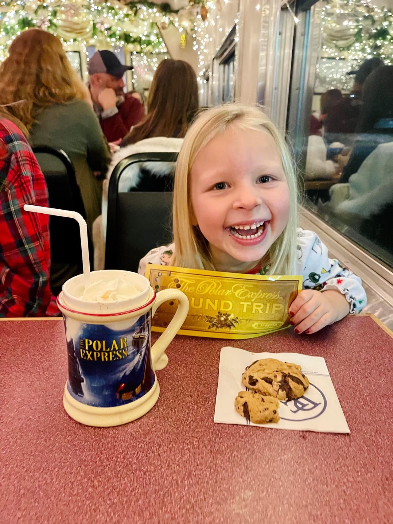 Durante el viaje, los pasajeros reciben chocolate caliente y una galleta, se deleitan con canciones y bailes animados y disfrutan de una lectura del clásico navideño, The Polar Express.