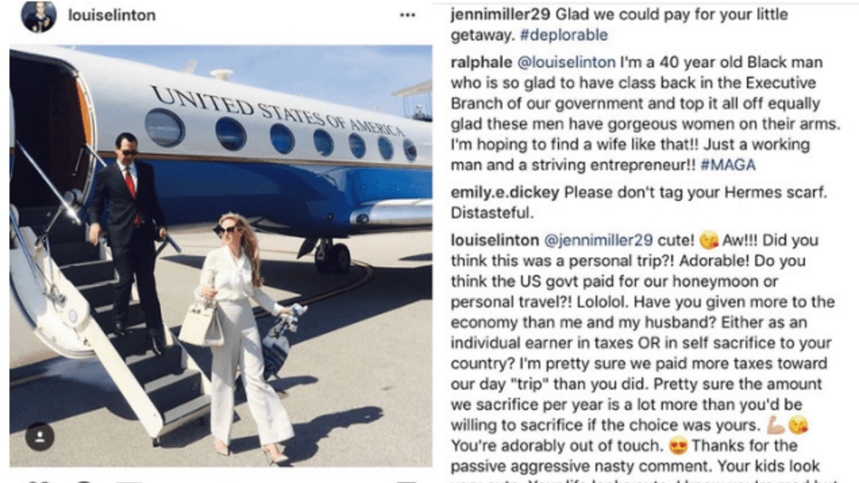 <b>La insólita respuesta de la esposa del secretario del Tesoro </b>
<br> “Yo pago muchos impuestos y tú no”. Esta fue la respuesta de Louise Linton, esposa del secretario del Tesoro a las críticas por su lujoso atuendo. Cuando volvía de un viaje de trabajo a Kentucky publicó en su cuenta de Instagram una polémica fotografía en donde desvelaba el origen de su costoso atuendo, con una pañoleta de 300 dólares y unos zapatos de Valentino de 1,000 dólares.