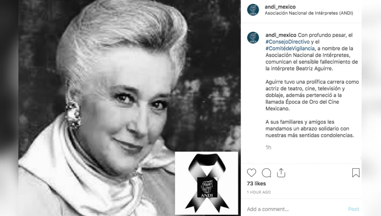 Con esta publicación, la Asociación Nacional de Intérpretes informó sobre la muerte de la actriz que formó parte de varias producciones de la Época de Oro del cine mexicano.