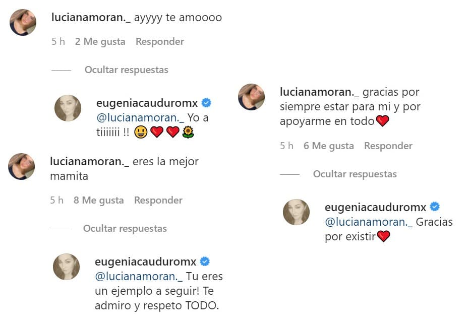 <a href="https://www.univision.com/temas/luciana-moran">La joven actriz respondió</a> las emotivas palabras de su madre con tres mensajes, que Eugenia también contestó.
<br>