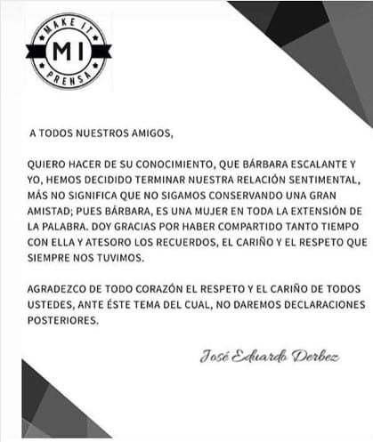 El pasado 2 de septiembre José Eduardo Derbez anunció, a través de un comunicado en sus redes sociales, que su relación de cinco años con Bárbara Escalante había terminado.