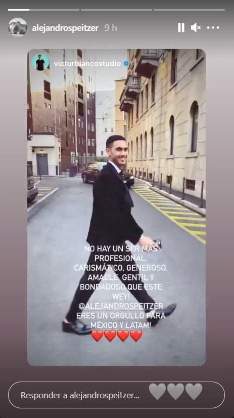 Speitzer también compartió un mensaje de su amigo el stylist Victor Blanco: "No hay un ser más profesional, carismático, generoso, amable, gentil y bondadoso que ¡este wey! ¡Alejandro Speitzer eres todo un orgullo para México y Latinoamérica!", se lee.
<br>