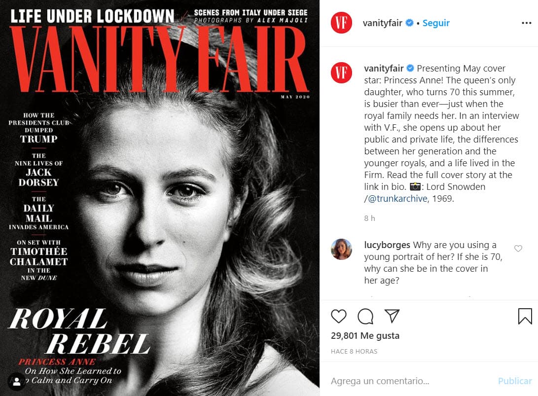 Este 15 de abril la revista 
<a href="https://www.vanityfair.com/style/2020/04/princess-anne-opens-up-about-her-lifetime-as-a-royal" target="_blank">Vanity Fair</a> tiene en portada a la 
<b>princesa Ana</b>, única hija de la reina Isabel II. 
<br>
