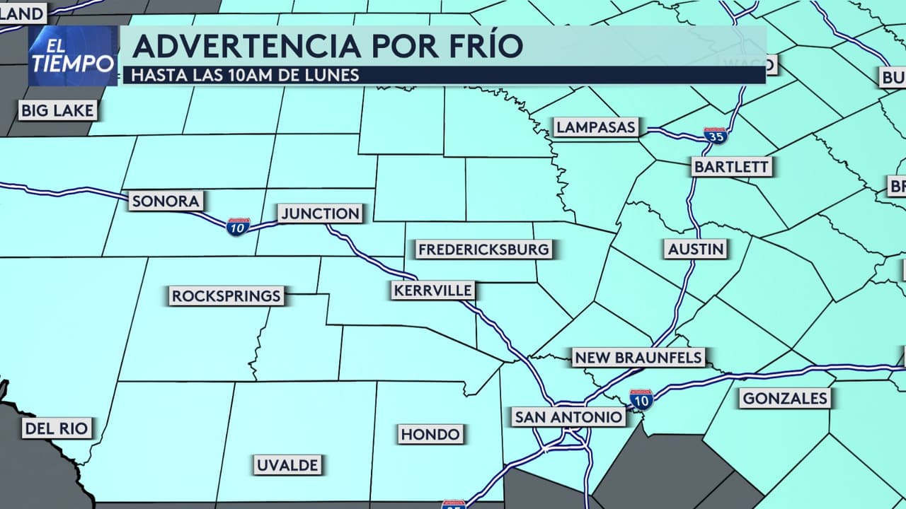 <b>Se emite una advertencia por frío para el centro de Texas</b>, desde la medianoche de este domingo hasta las 10 a.m. del lunes. Se esperan sensaciones térmicas de 12 a 20 grados Fahrenheit. Las temperaturas extremadamente frías pueden provocar hipotermia si se está expuesto por mucho tiempo.
