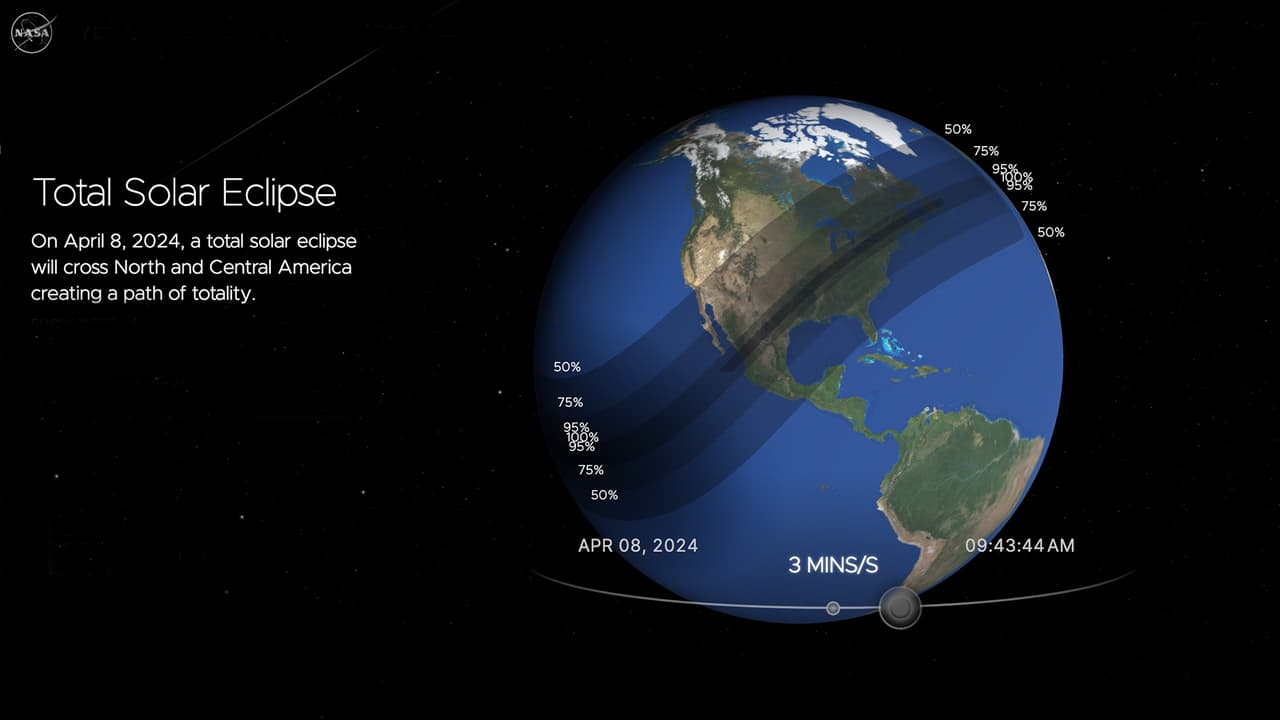 El eclipse ingresará a Canadá por el sur de Ontario y continuará a través de Quebec, Nuevo Brunswick, la Isla del Príncipe Eduardo y Cabo Bretón. Saldrá de América del Norte continental por Terranova a las 5:16 p.m. END.