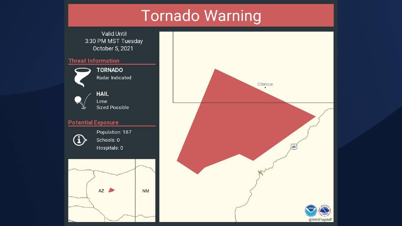 El Servicio Meteorológico Nacional de Flagstaff emitió una advertencia de tornado y tormenta severa para los condados Gila y Navajo. 
<br>