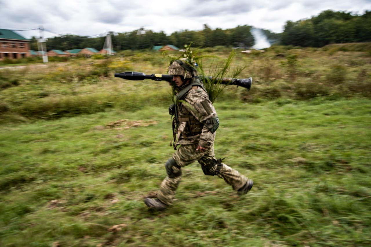 A Ukrainian infantryman with a German-made Panzerfaust 3 anti-tank weapon during a multinational training exercise, Rapid Trident 2021, at a military base near Yavoriv, western Ukraine, in 2021.