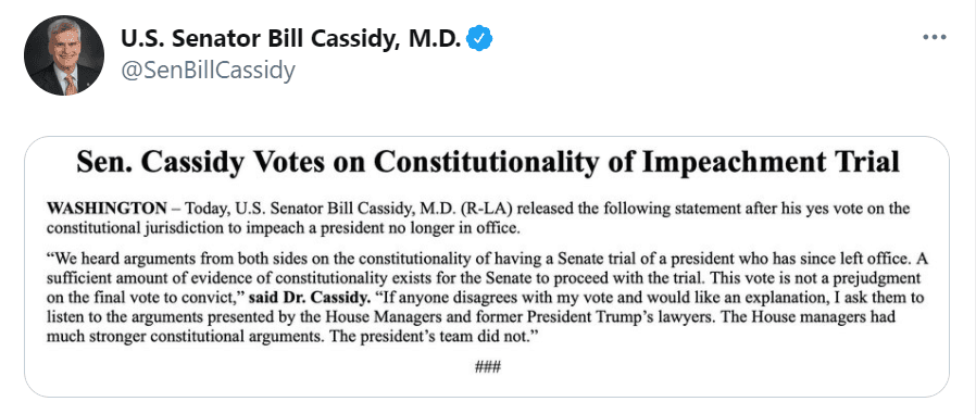 En un comunicado después de la votación dijo que tomó su decisión después de que el equipo legal de Trump no presentó un argumento convincente.
<br>
<br>"Si lo escuchas, habla por sí solo. Fue desorganizado, aleatorio. Hablaron de muchas cosas, pero no hablaron del tema en cuestión".
