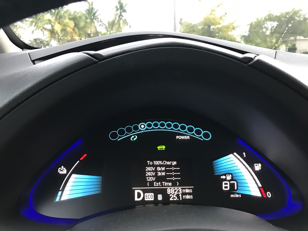 Los instrumentos de clara lectura del Nissan Leaf dan 
<b>toda la información necesaria</b> para que según nuestra personalidad o nos volvamos locos de la angustia y la incertidumbre o planifiquemos un plan de ruta para maximizar la reserva de energía que quede en la batería.