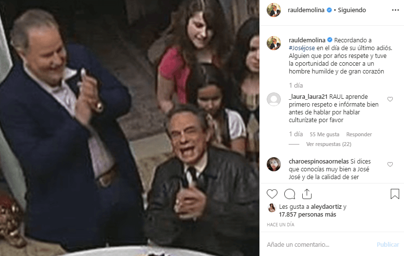 Raúl de Molina publicó en Instagram una fotografía donde se le aprecia junto al intérprete de ‘Lo pasado, pasado’, para recordarlo en el día de su despedida.