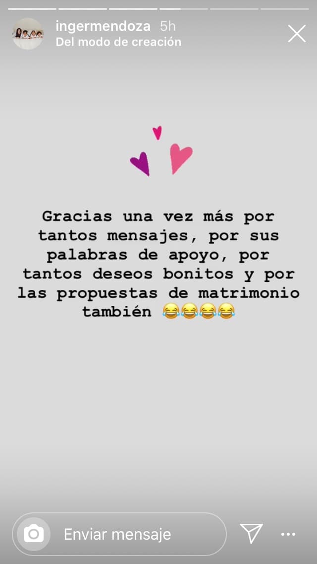 "Gracias una vez más por tantos mensajes, por sus palabras de apoyo, por tantos deseos bonitos y por
<b> </b>las
<b> <a href="https://www.univision.com/shows/el-gordo-y-la-flaca/inger-mendoza-rompe-el-silencio-sobre-su-separacion-con-nacho-y-asi-se-desahoga-en-redes-sociales-video" target="_blank">propuestas de matrimonio</a></b> también", publicó la aún esposa de Nacho.