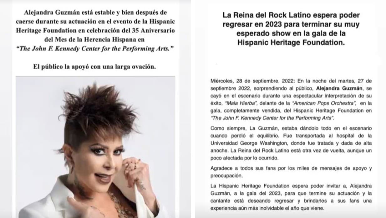 La agencia de representación de Alejandra Guzmán informó que se encuentra bien de salud, tras caerse en el escenario el 27 de septiembre.