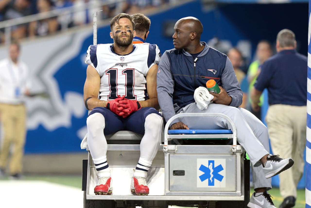 New England Patriots wide receiver Julian Edelman (11) is taken off the field after an injury during the first half of an NFL football game against the Detroit Lions in Detroit, Michigan USA, on Friday, August 25, 2017. (Photo by Jorge Lemus/NurPhoto/Sipa USA)(Sipa via AP Images)