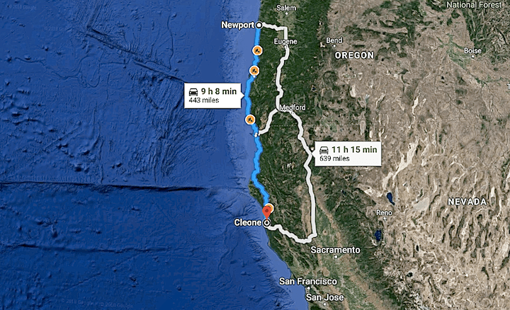 La ruta que de acuerdo con la Patrulla de Carreteras de California (CHP) siguió la familia de Newport, Oregon, a Fort Bragg, California.