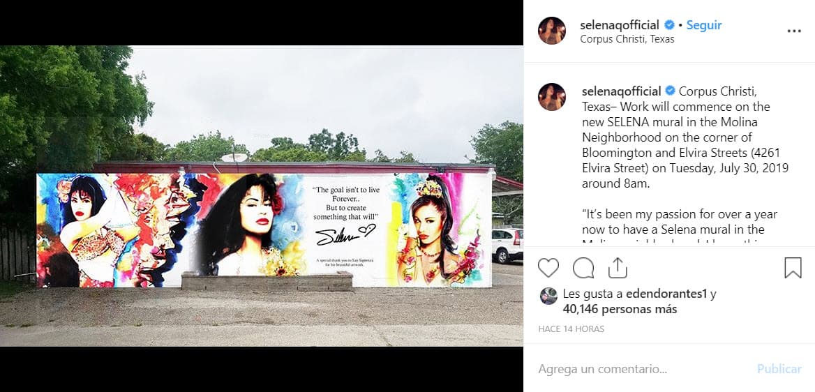 "Ha sido mi pasión durante más de un año tener un mural de Selena en el barrio La Molina. Espero que este mural ayude a influir en todos los latinos en las generaciones venideras", dijo el político Eric Lee Tunchez, quien es miembro de la asociación Stop Bullying, de acuerdo a información publicada en la cuenta oficial de 
<a href="https://www.instagram.com/p/B0hrzRjh-Sa/" target="_blank">Selena en Instagram</a>.