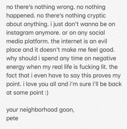 Pete se despidió diciendo "Internet es un lugar malo y no me hace sentir bien".
