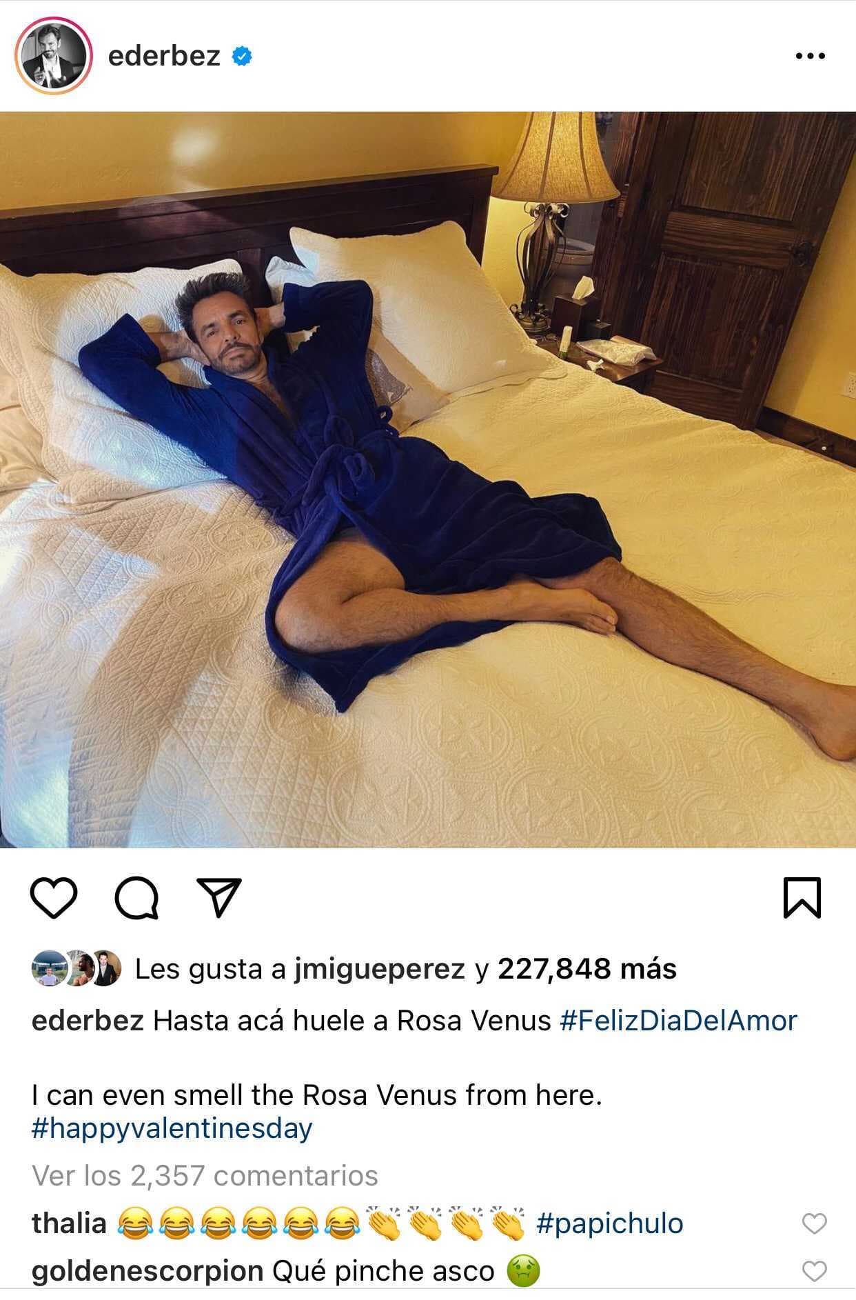 Hubo otros famosos que se dejaron ver más en la intimidad, como sucedió con Eugenio Derbez, quien junto a esta foto hizo alusión a un famoso jabón de tocador que usualmente es amenidad de los hoteles que frecuentan las parejas mexicanas en este día: 
<b><a href="https://www.instagram.com/p/CLR_qq4Bqg8/?igshid=171leikh9zfzv" target="_blank">“Hasta acá huele a Rosa Venus”. </a></b>