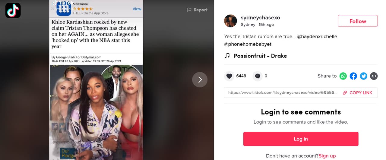 En su cuenta de TikTok, Chase habló más acerca de su supuestos encuentros con Thompson y hasta
<b><a href="https://www.tiktok.com/@sydneychasexo/video/6955687594533375238?lang=en&is_copy_url=1&is_from_webapp=v1" target="_blank"> se disculpó con él</a></b> luego de lo dijo sobre él en el podcast. La noche del martes 26 de abril, reveló que la última ocasión en que la contactó fue un día después de la reciente
<b><a href="https://www.univision.com/famosos/entre-flores-globos-y-unicornios-asi-celebraron-khloe-y-todo-el-clan-kardashian-jenner-el-primer-cumpleanos-de-true-video" target="_blank">fiesta de cumpleaños de su hija True. </a></b>