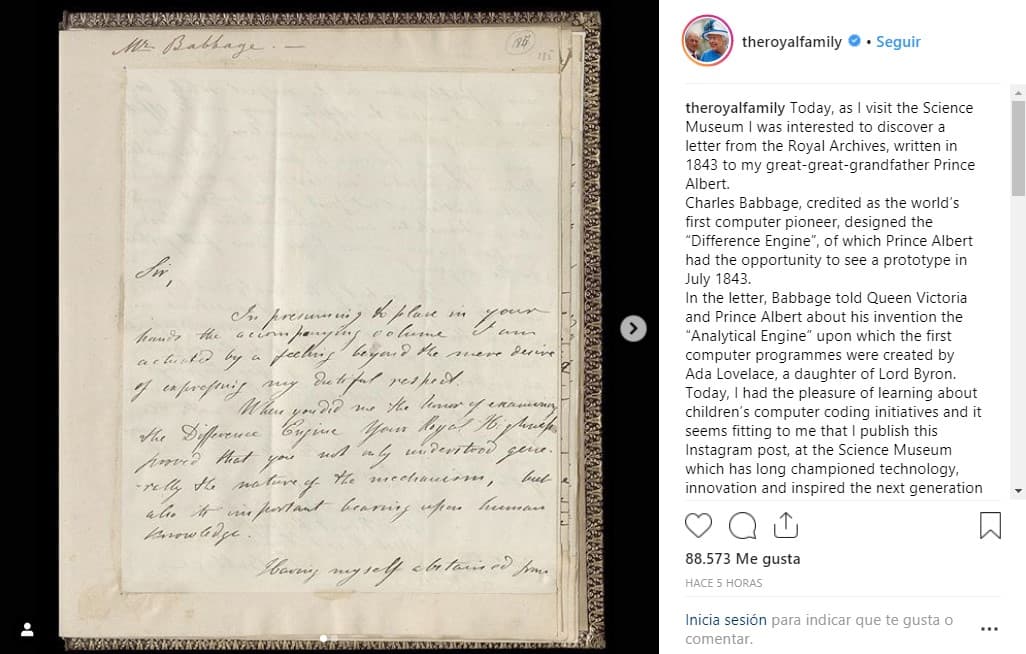 "En la carta, Baggage le contó a la reina Victoria y al príncipe Alberto su invento, el ‘motor analítico’, sobre el cual los primeros programas de computadora fueron creados por Ada Lovelace (matemática), una hija de Lord Byron (poeta)", escribió Isabel II.
