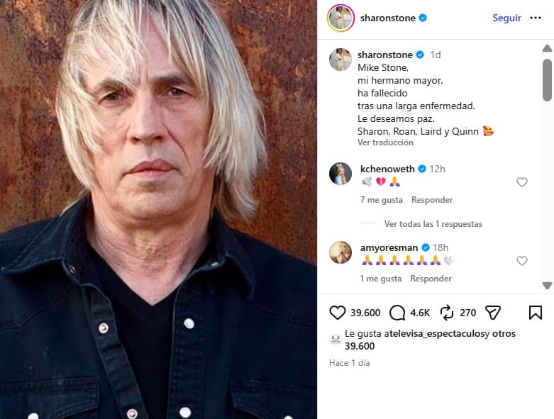 Sharon Stone compartió un mensaje sobre la muerte de su hermano mayor, Michael.