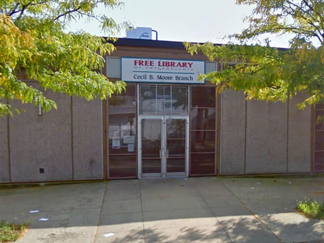 <b>Cecil B. Moore Library</b>
<br>2320 Cecil B. Moore Avenue
<br>Philadelphia, PA 19121-2927
<br>215-685-2766
<br>
<br>Originalmente llamada Sucursal de Columbia Avenue, la 
<a href="https://libwww.freelibrary.org/locations/cecil-b-moore-library" target="_blank">biblioteca Cecil B. Moore </a>abrió el 10 de abril de 1962. La biblioteca sirve al centro norte de Filadelfia, Strawberry Mansion, Brewerytown, Sharswood y Johnson Homes. 
<br>