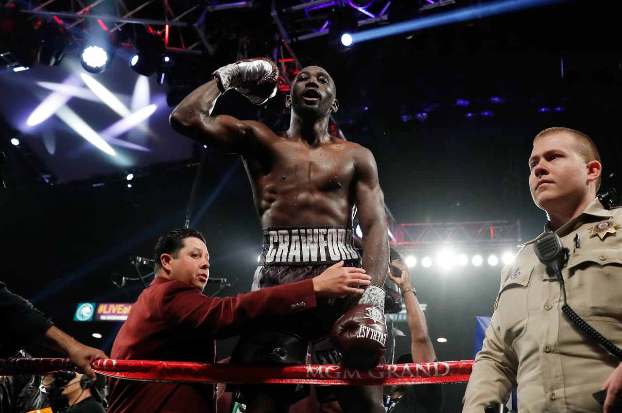 LAS VEGAS, NV - JUNE 09: Terence Crawford celebrates his ninth-round TKO victory over Jeff Horn in their WBO welterweight title fight at MGM Grand Garden Arena on June 9, 2018 in Las Vegas, Nevada. (Photo by Steve Marcus/Getty Images)