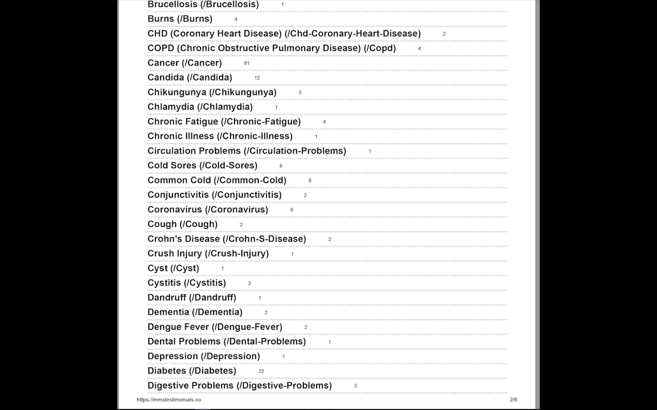 La iglesia Genesis II asegura que su producto MMS cura todas estas enfermedades.
